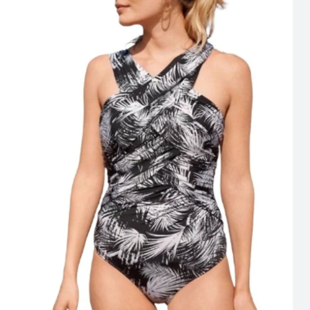 Garnet Hill Ruched Front One Piece Swimsuit Black and White Leaf Print Size 14